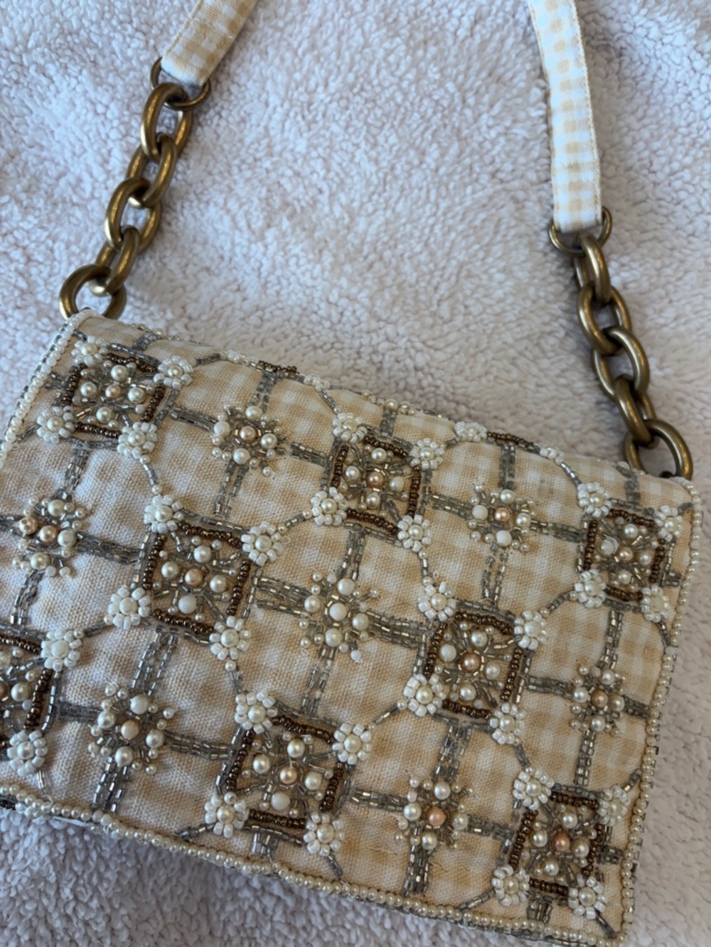 Zara Beaded Cream Plaid Shoulder Bag - Picture 3 of 6